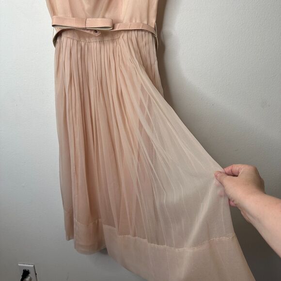 Vintage Size 15 Peach Chiffon Pleated Belted Sleeveless Dress Drape Neck BackZip - Picture 3 of 16